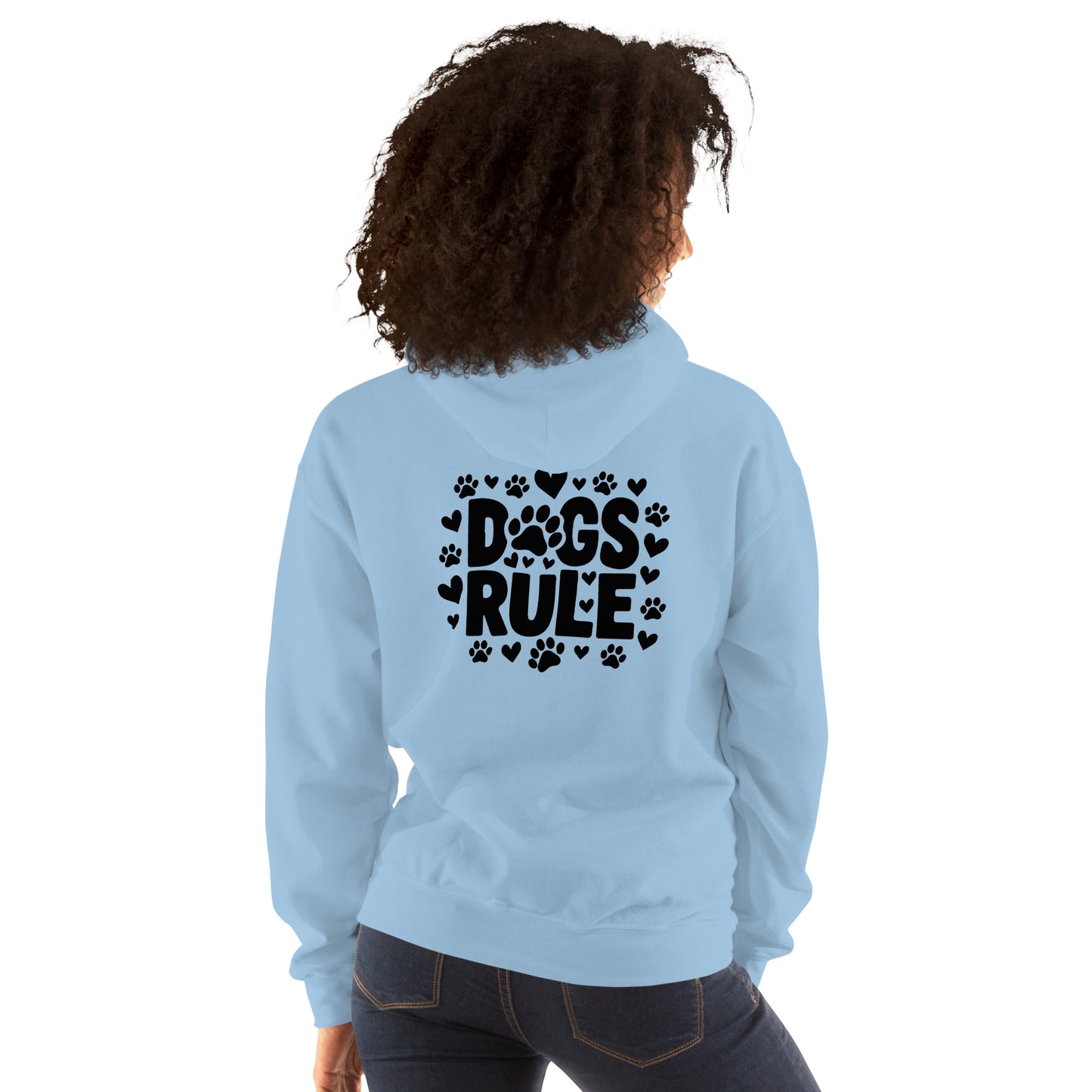 Cozy unisex light blue hoodie for canine enthusiasts. Dogs Rule, proclaims your love for furry friends. Soft, warm fabric perfect for dog walks or lounging.