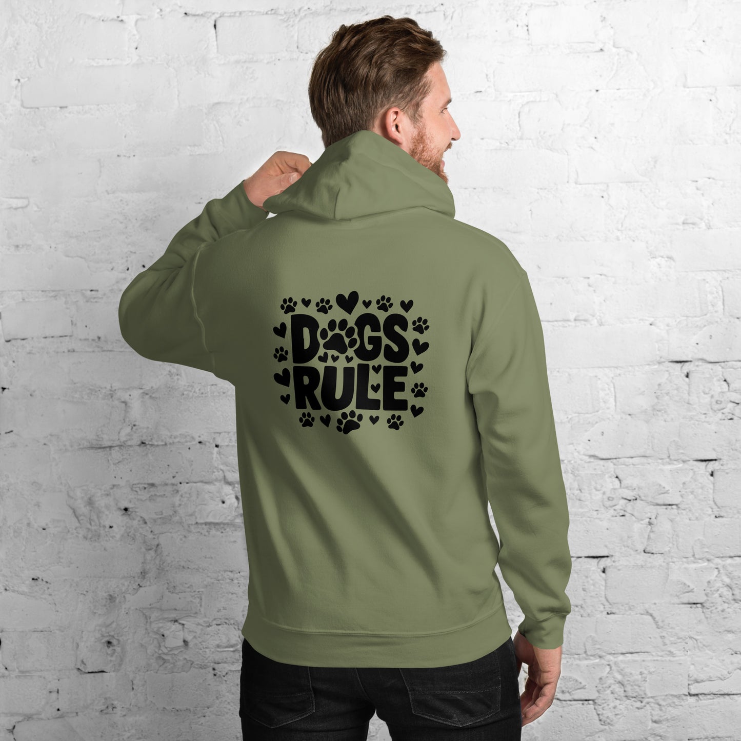 Cozy unisex military green hoodie for canine enthusiasts. Dogs Rule, proclaims your love for furry friends. Soft, warm fabric perfect for dog walks or lounging.