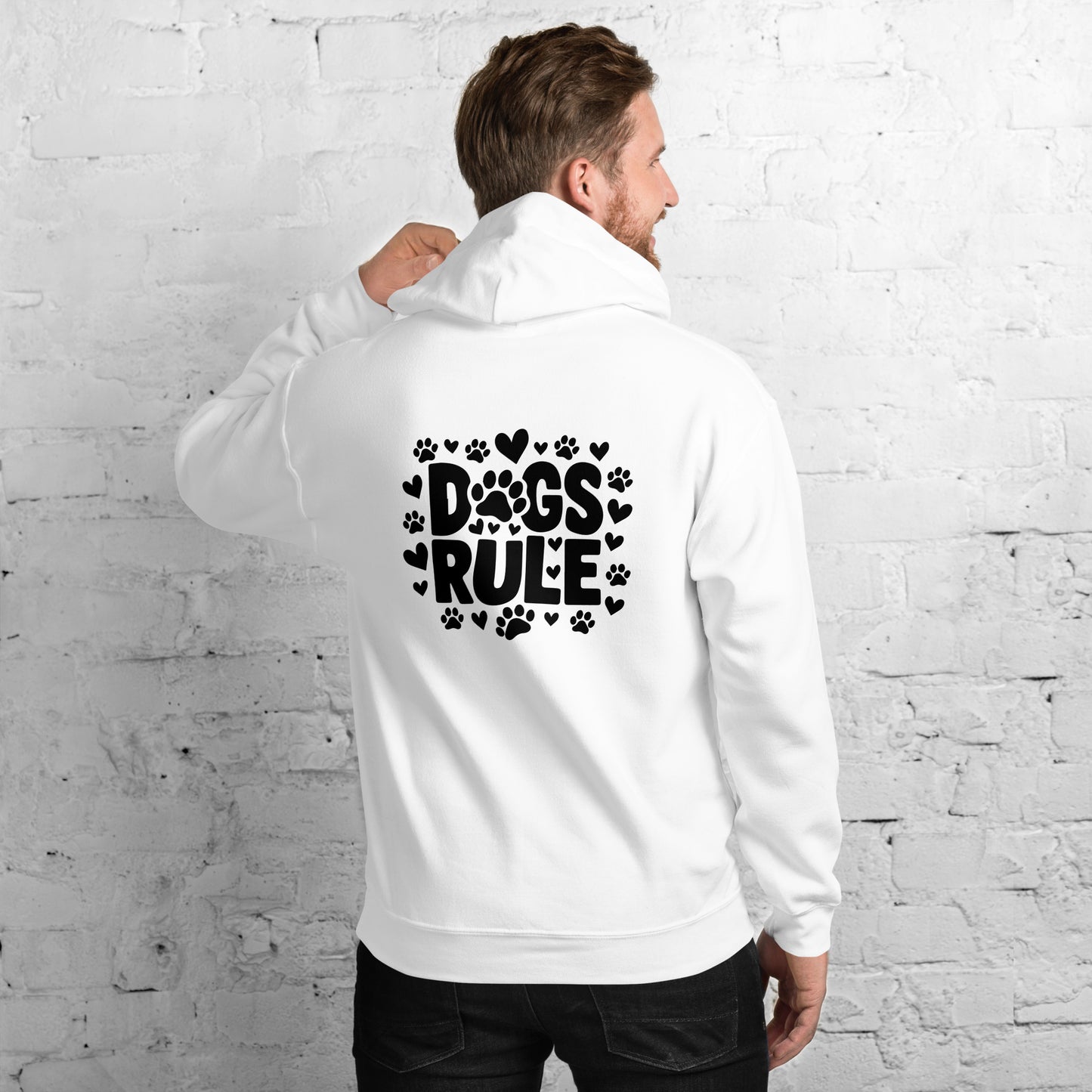 Cozy unisex white hoodie for canine enthusiasts. Dogs Rule, proclaims your love for furry friends. Soft, warm fabric perfect for dog walks or lounging.