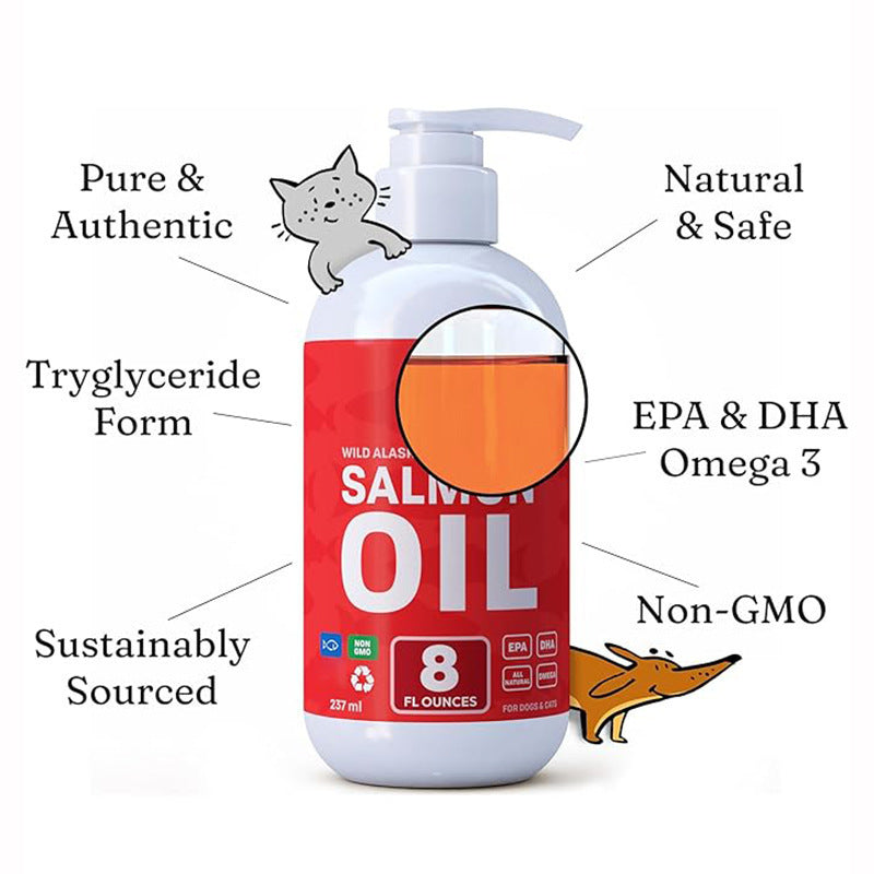 Wild Alaskan Salmon Oil for Pets: Omega-3 rich supplement for skin, coat, joints & immunity. Reduces shedding, supports allergy defense. For cats & dogs. Easy pump bottle. Delicious flavor.