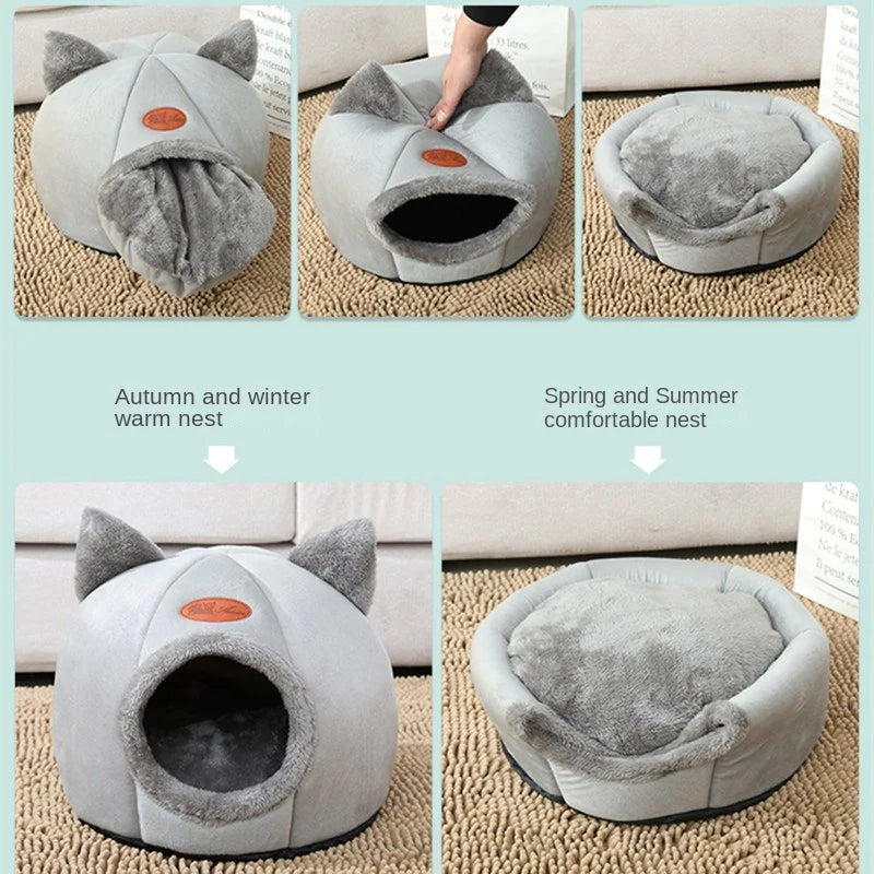 Cozy 2-in-1 Pet Home with Ears – Soft Plush Cat & Dog Bed, Removable Nest for All Seasons