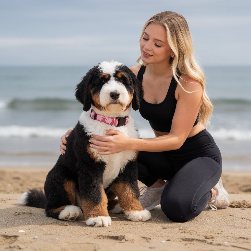 Woman with a Bernese Mountain dog on a beach