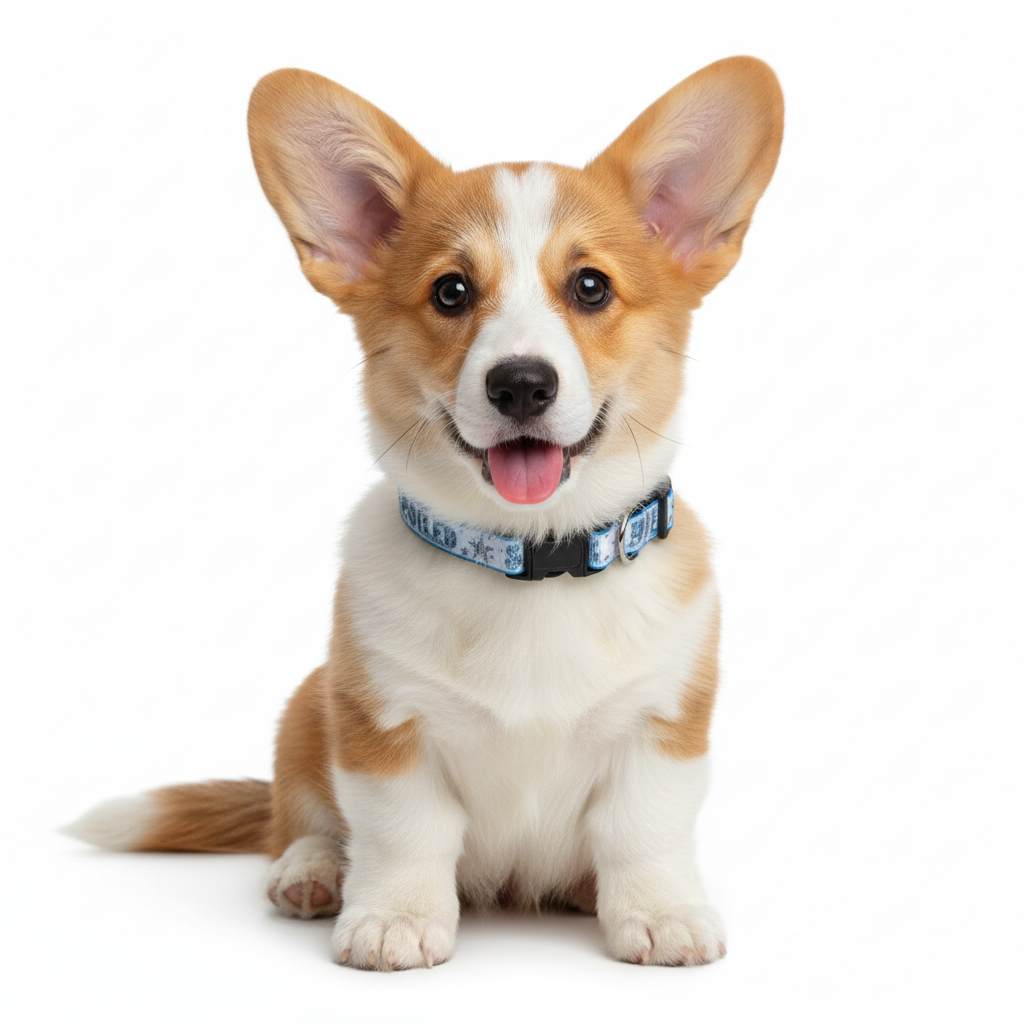 Corgi wearing a blue spoiled collar on a white background