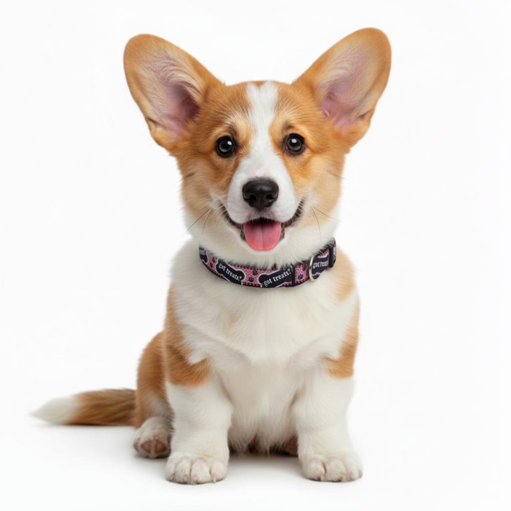 Corgi dog wearing a got treats dog collar on a white background