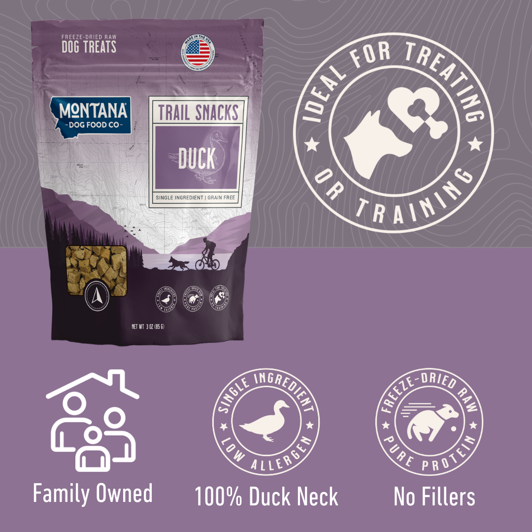 Freeze-dried duck dog treat product features grain-free single-ingredient training treat