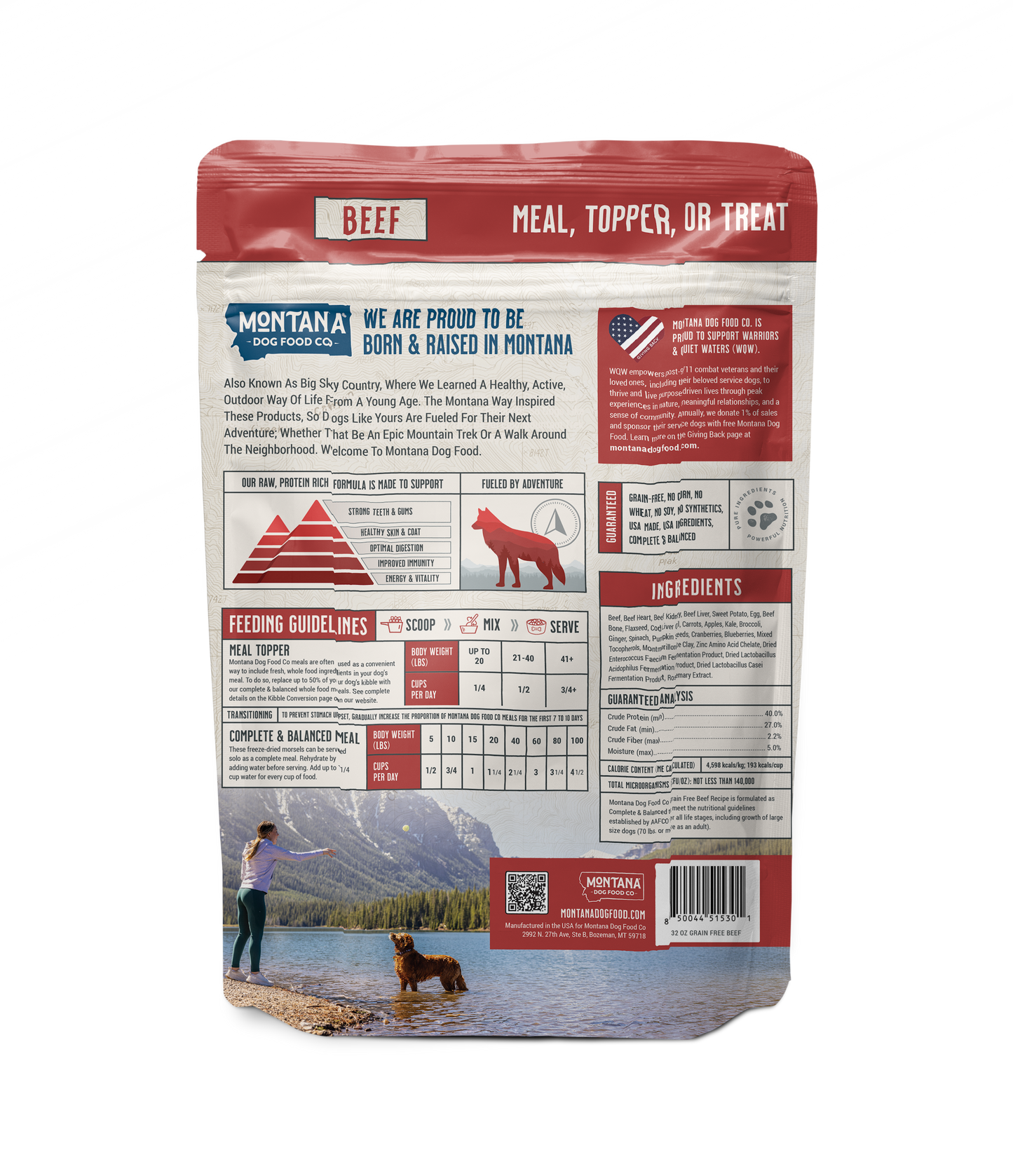 Back of Montana beef dog food bag showing feeding guidelines and freeze-dried raw formula
