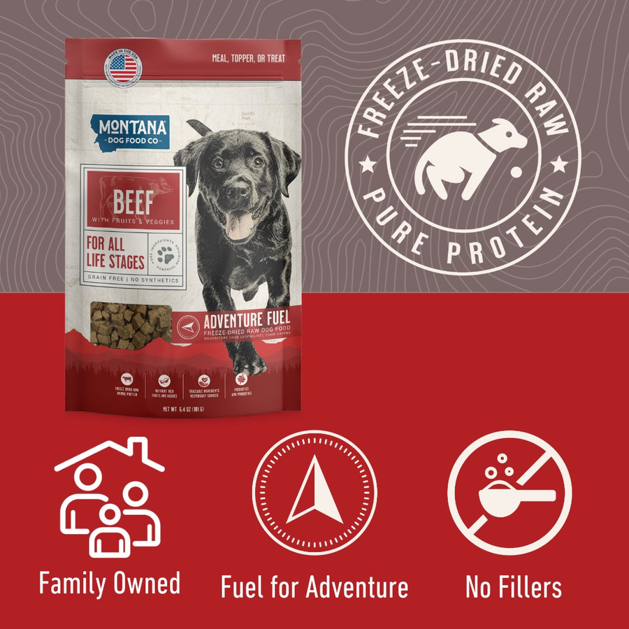 Montana-raised beef recipe highlights for grain-free freeze-dried raw Adventure Fuel dog food