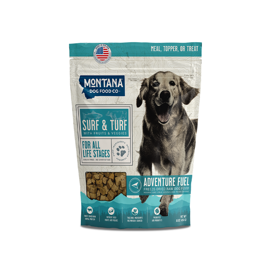 Montana Dog Food Co Surf and Turf beef and trout grain-free freeze-dried raw dog food bag
