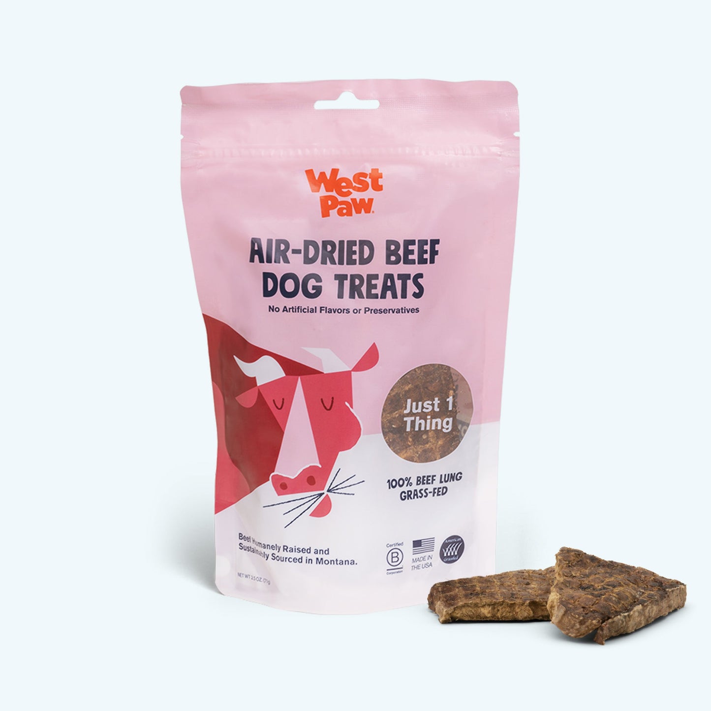 Back of the West Paw Beef Lung bag showing ingredients and feeding directions