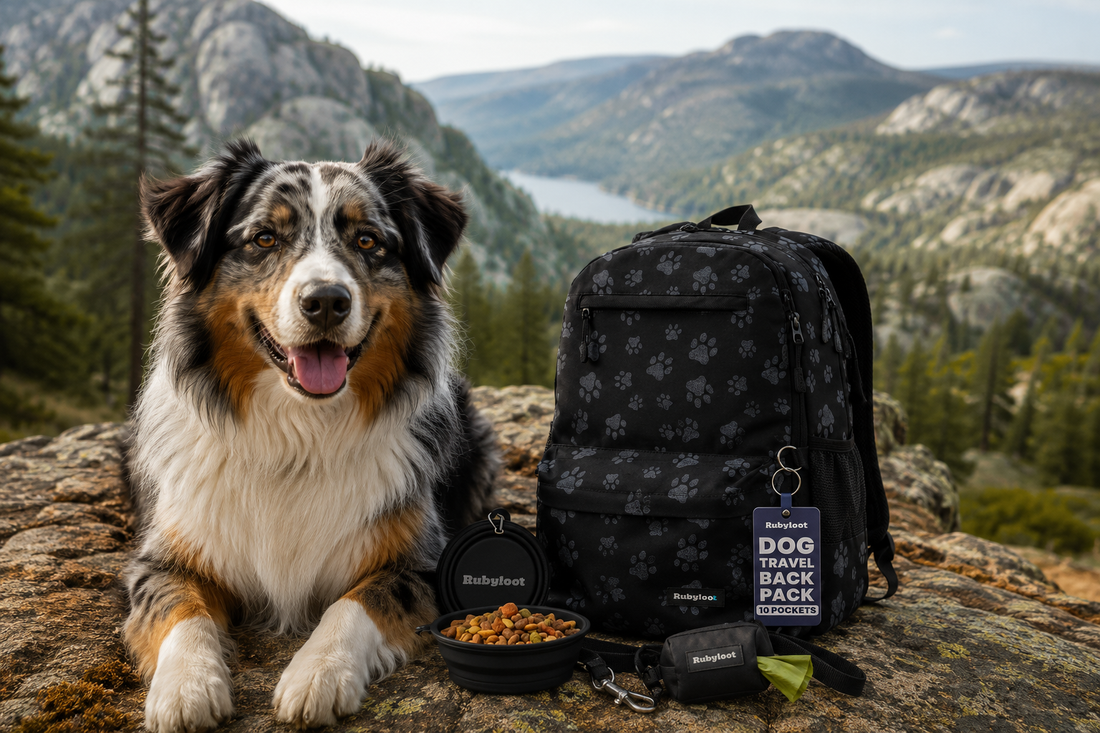 Australian Shepherd on a scenic mountain hike next to a dog travel backpack and hiking gear, showing what to pack when hiking with your dog.