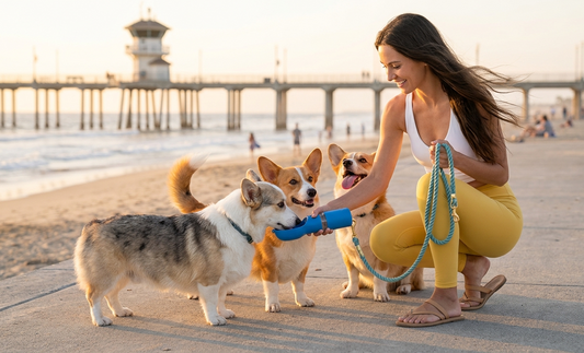 Corgis drinking water from a portable dog water bottle at Huntington Beach pier during Corgi Beach Day