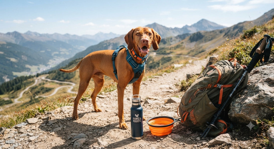 dog in hiking harness on mountain trail with Paws & Pockets water bottle and collapsible travel bowl