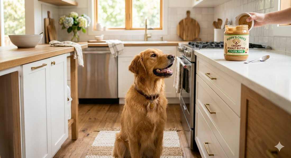 Golden retriever sitting in a kitchen looking up at a jar of xylitol-free peanut butter