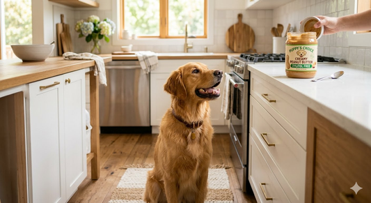 Golden retriever sitting in a kitchen looking up at a jar of xylitol-free peanut butter