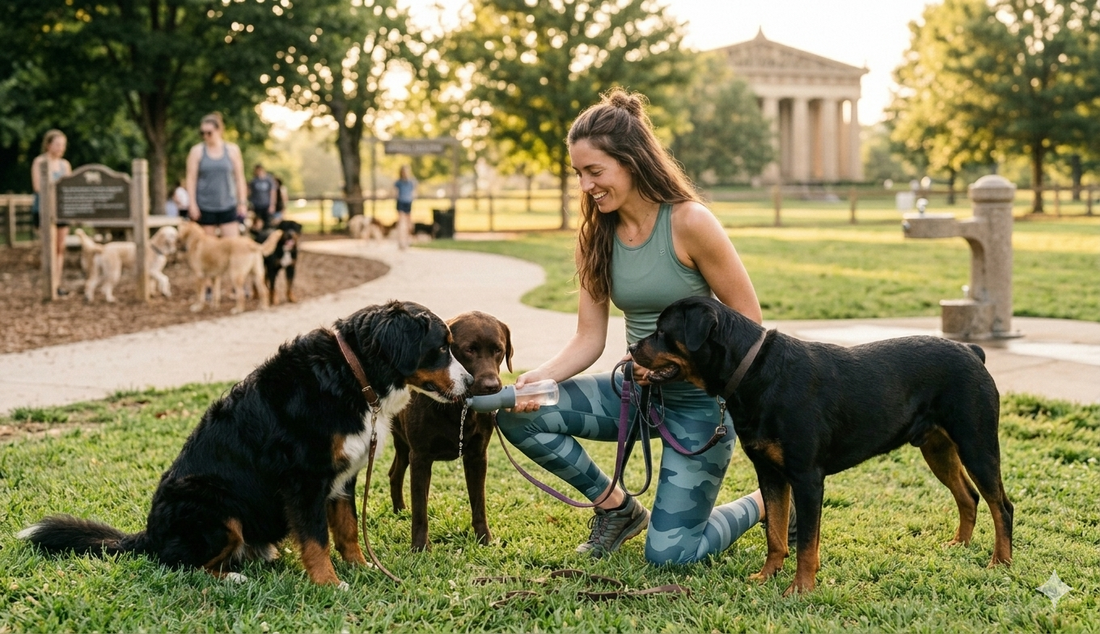 Woman giving water to three dogs at a Nashville dog park using a portable dog water bottle at Centennial Park