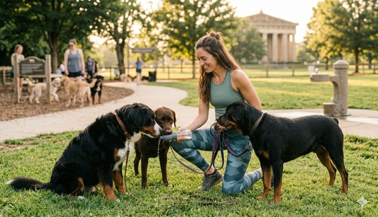 Woman giving water to three dogs at a Nashville dog park using a portable dog water bottle at Centennial Park