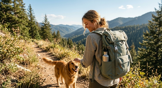 A young woman with a messy bun smiles as she hikes a scenic mountain trail with her golden retriever, wearing a green travel backpack with a water bottle tucked into the side pocket.
