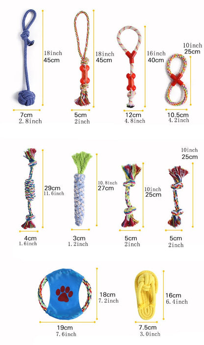 Size Chart: 10-Piece Durable Rope Dog Toy Set 