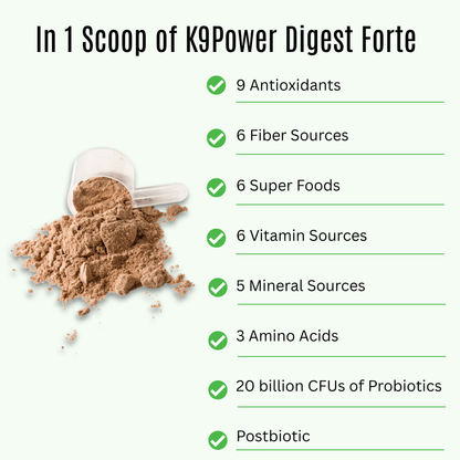 Close-up of K9 Power Digest Forte powder scoop and ingredients for dog gut health
