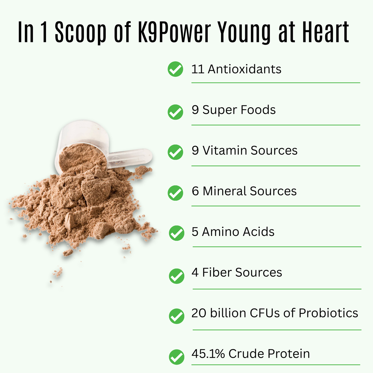 Close-up of K9 Power Young At Heart powder scoop and ingredients for senior dogs