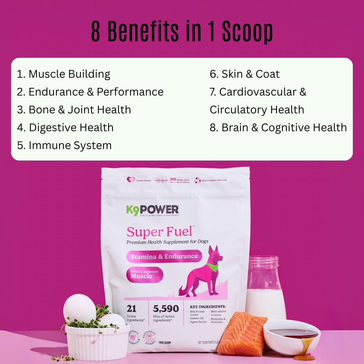 Close-up of K9 Power Super Fuel powder scoop and ingredients for active dogs