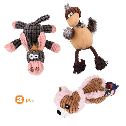3-Pack Assorted Dog Chew Toys – Cow, Rooster & Fox for Endless Fun