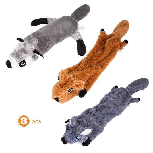 3-Piece No-Stuffing Squeaky Dog Toy Set – Fox, Raccoon & Squirrel
