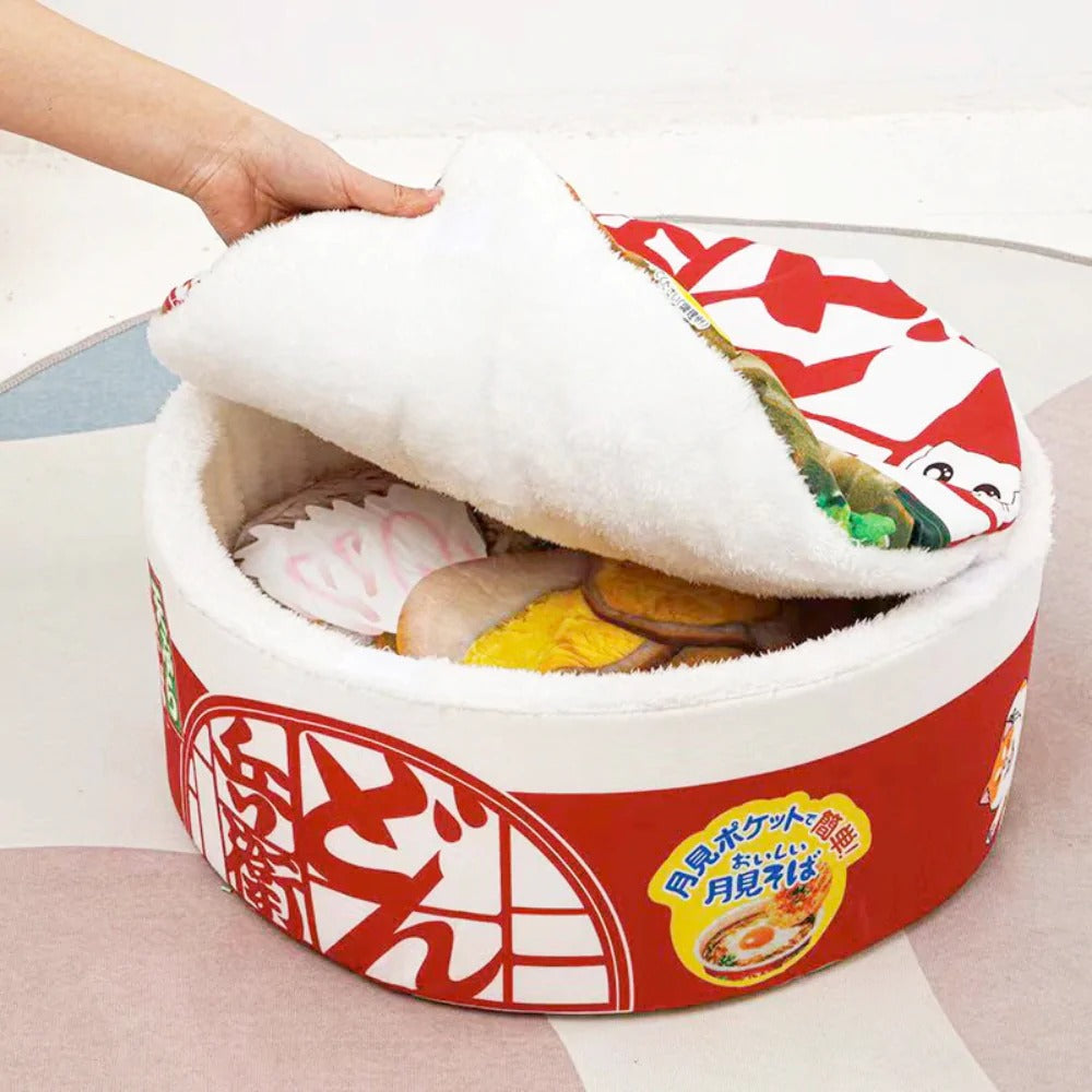 3-Piece Ramen Plush Pet Bed – Soft and Cozy Cat & Dog Bed with Removable Lid and Warm Fleece Interior