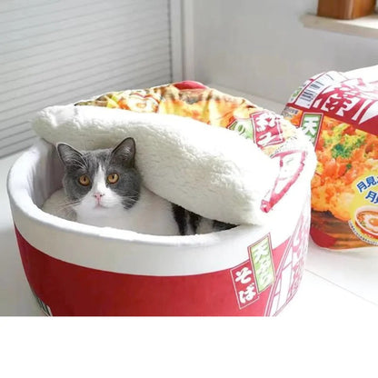 3-Piece Ramen Plush Pet Bed – Soft and Cozy Cat & Dog Bed with Removable Lid and Warm Fleece Interior