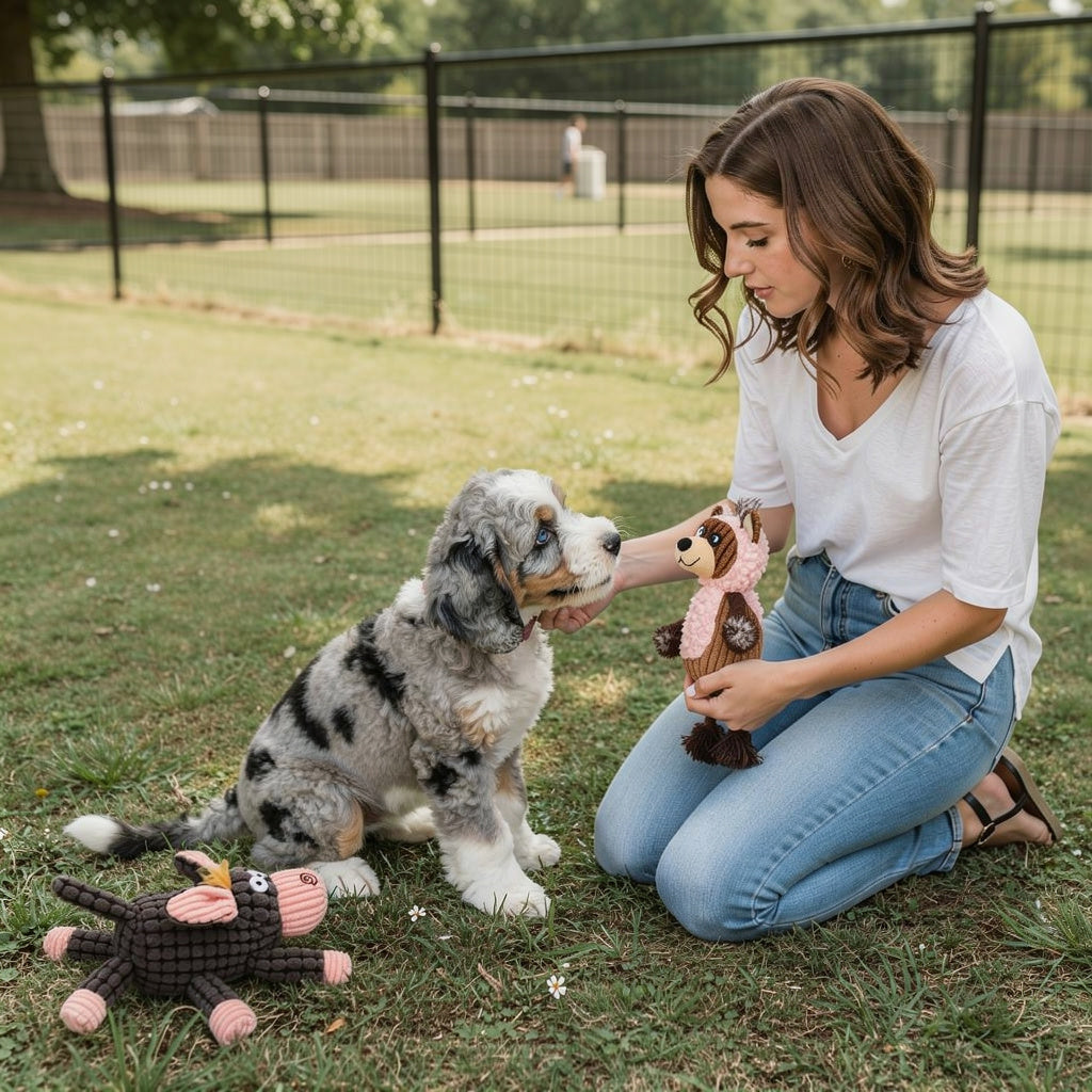 Woman playing with a puppy and plush toys in a grassy area