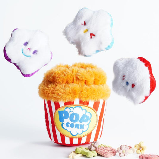 4-in-1 Popcorn Bucket Dog Toy: Interactive hide-and-seek puzzle with squeaky pieces. Durable, refillable design for small/medium dogs. Stimulating playtime fun.