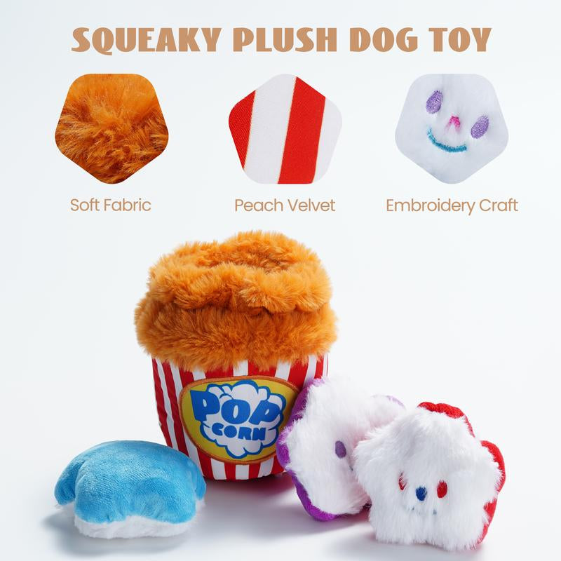 4-in-1 Popcorn Bucket Dog Toy: Interactive hide-and-seek puzzle with squeaky pieces. Durable, refillable design for small/medium dogs. Stimulating playtime fun.
