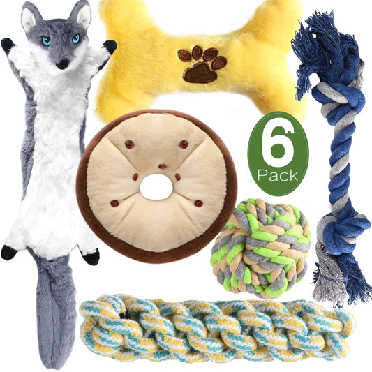 6-Piece Puppy Playtime Set: Plush squeaky toys and rope chews for small/medium dogs. Safe materials, durable design. Promotes dental health and active play.