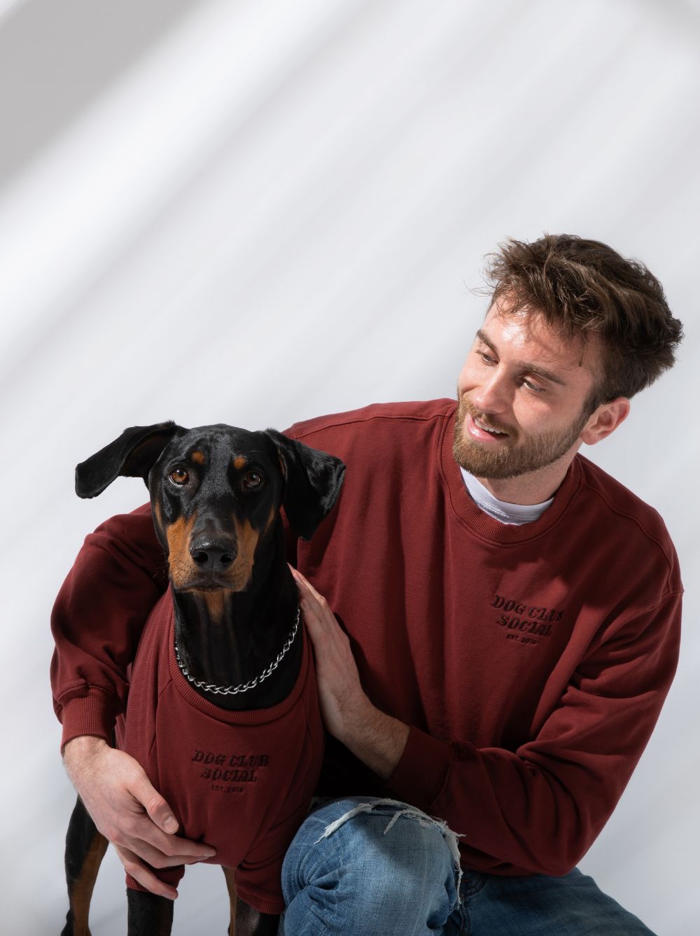 Dog Club Social Terry Pullover side view – Good Thomas premium hand-dyed maroon dog sweatshirt
