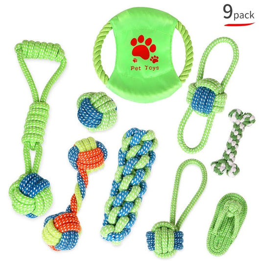 9-Piece Braided Cotton Rope Dog Toy Set – Durable Chew & Tug Toys