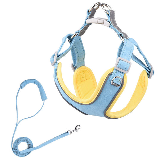 Adjustable Suede Dog Harness and Leash Set with blue leash