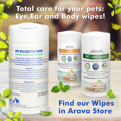 Arava Pet Eye Wipes: Prevent tear stains and remove eye gunk in dogs, cats, and horses. Allergy-free, gentle formula for sensitive eyes. Use with Arava Tear Stain Remover for existing stains. 30-day guarantee. 100 soft, non-irritating wipes.