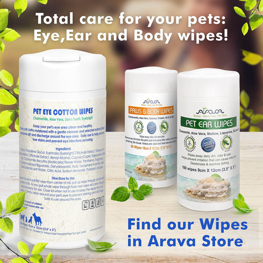 Arava Pet Eye Wipes: Prevent tear stains and remove eye gunk in dogs, cats, and horses. Allergy-free, gentle formula for sensitive eyes. Use with Arava Tear Stain Remover for existing stains. 30-day guarantee. 100 soft, non-irritating wipes.