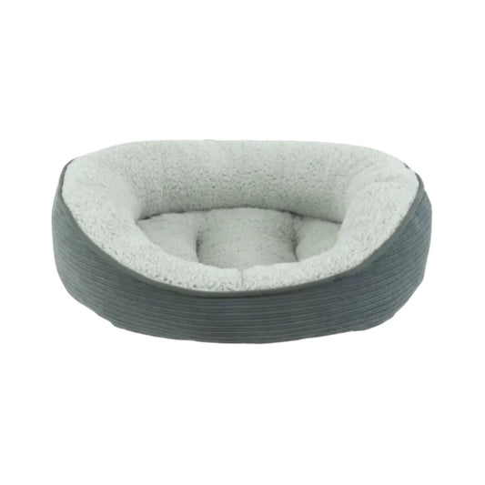 Small grey Arlee Cody Cuddler dog bed by The Family Pet, showcasing a cozy, cushioned dog bed with soft fabric and raised edges.