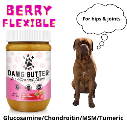 Dawg Butter Berry Flexible label closeup showing glucosamine chondroitin MSM turmeric joint formula