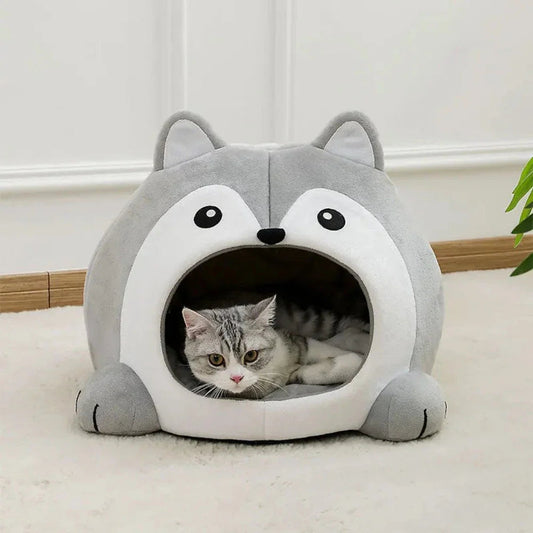 Cartoon Fox Theme Pet House – plush, cozy bed for cats and small dogs with cute fox design, non-slip base, and soft interior