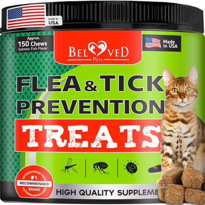 Cat Flea & Tick Chews: Natural, vet-made oral prevention. Salmon-flavored, daily protection against fleas, ticks, eggs, larvae. Safe for all ages. No GMOs. Replaces collars/drops. USA-made.