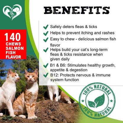 Cat Flea & Tick Chews: Natural, vet-made oral prevention. Salmon-flavored, daily protection against fleas, ticks, eggs, larvae. Safe for all ages. No GMOs. Replaces collars/drops. USA-made.