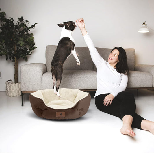 Cozy Cloud Pet Bed: Soft Sherpa fleece for ultimate comfort. 20” round, non-slip bottom. Machine washable. Perfect for small-medium dogs and cats. 
