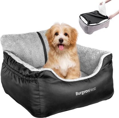 Cozy Cruiser Pet Car Seat: Durable, washable, and secure. Features adjustable straps, easy installation, storage pockets, and reversible cushion. Fits most vehicles.
