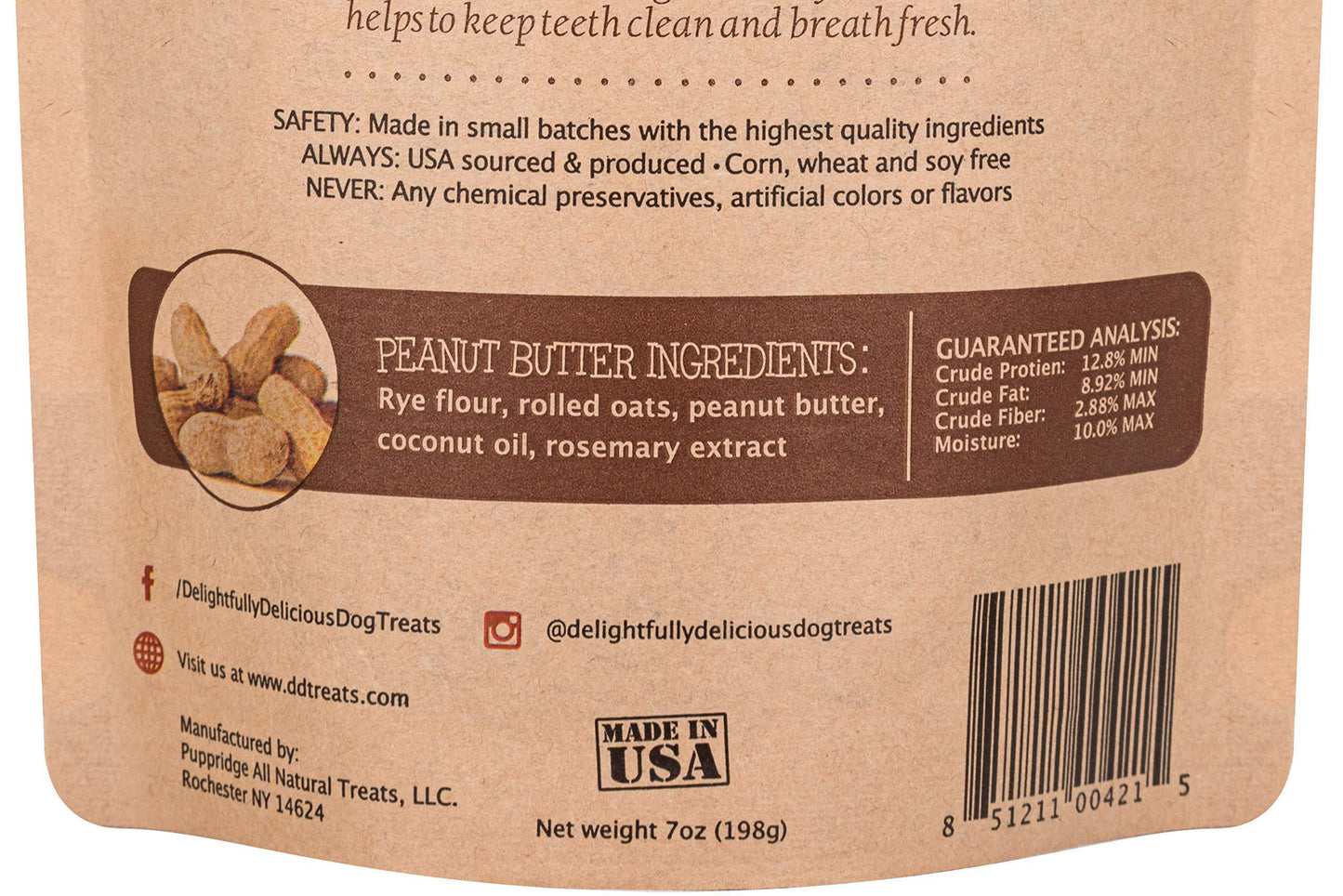 Back of a dog treat package with ingredients list and branding details.