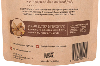 Back of a dog treat package with ingredients list and branding details.