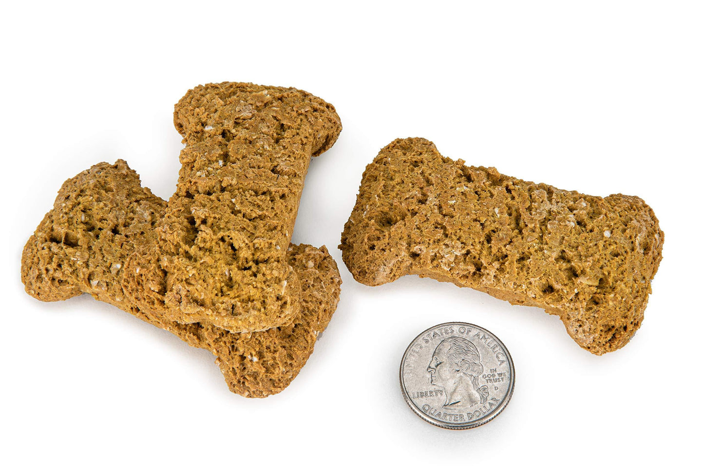 Two bone-shaped dog treats next to a quarter for size comparison on a white background