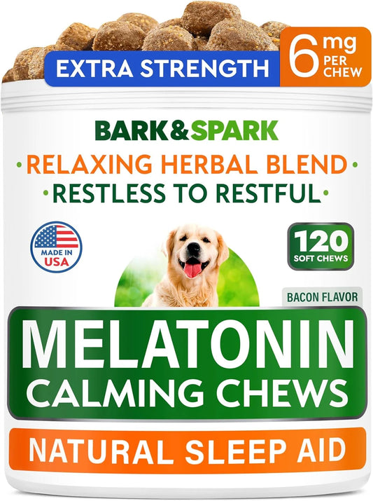 Tired of your furry friend’s anxiety ruining car rides, vet visits, or thunderstorms? BARK&SPARK Extra Strength Melatonin Chews are here to save the day! Our powerful 6mg formula, enhanced with valerian root and L-Theanine, provides natural, chemical-free relaxation for dogs of all sizes. These delicious bacon-flavored treats are a hit even with the pickiest pups, making administration a breeze.