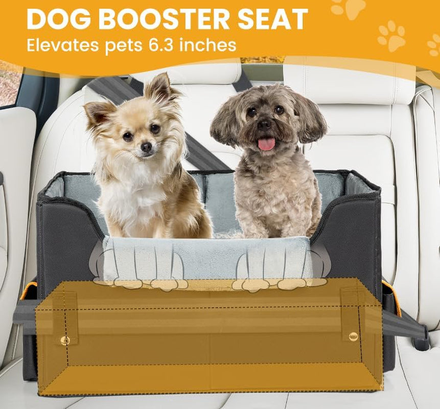 Elevated Dog Booster Seat: 6” rise, plush liner. Fits pets to 45lbs. Secure straps, removable cushion. For small dogs/cats. Safe, comfy car rides.